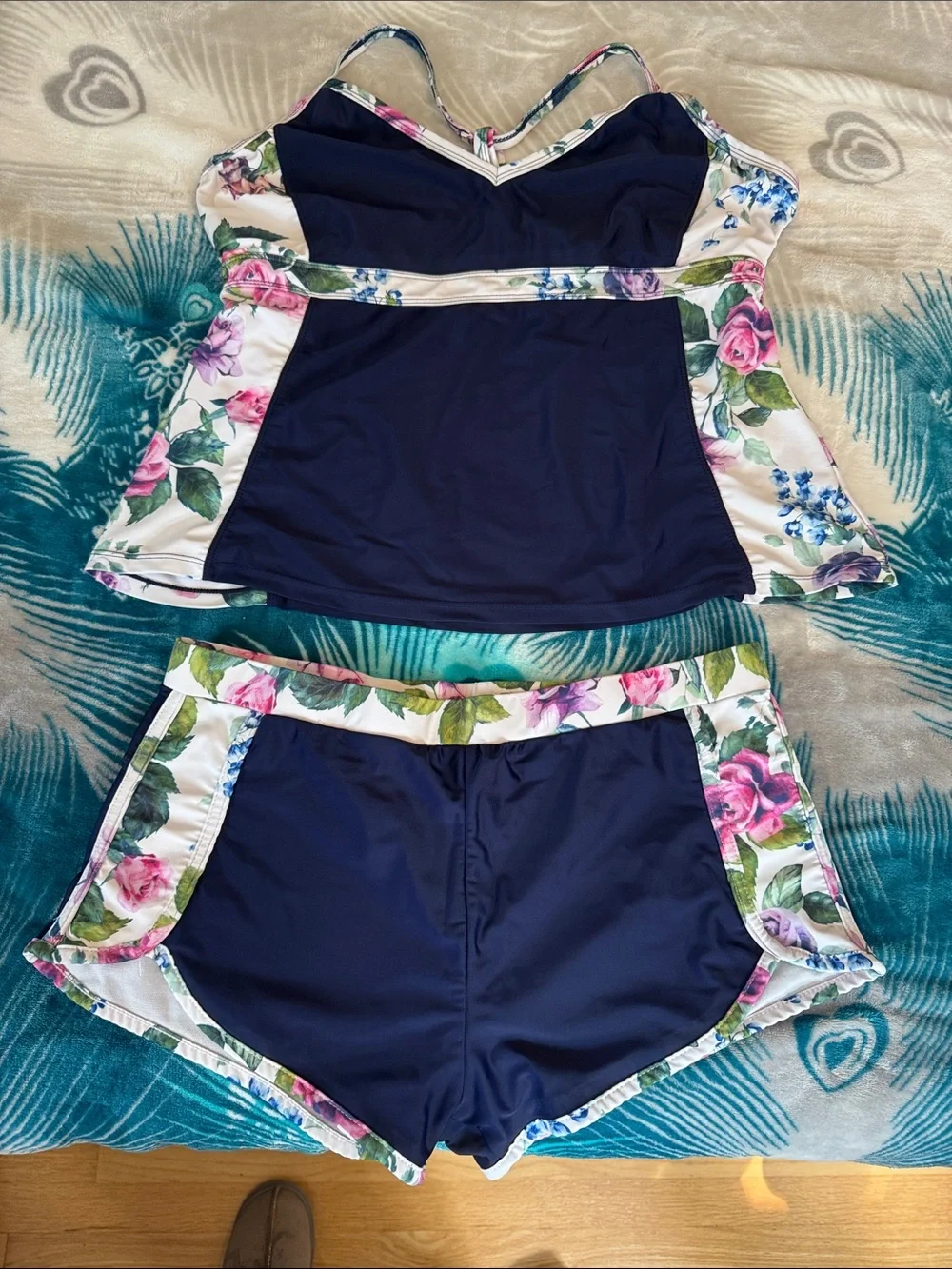Navy Floral-Trim Two-Piece Swim Set